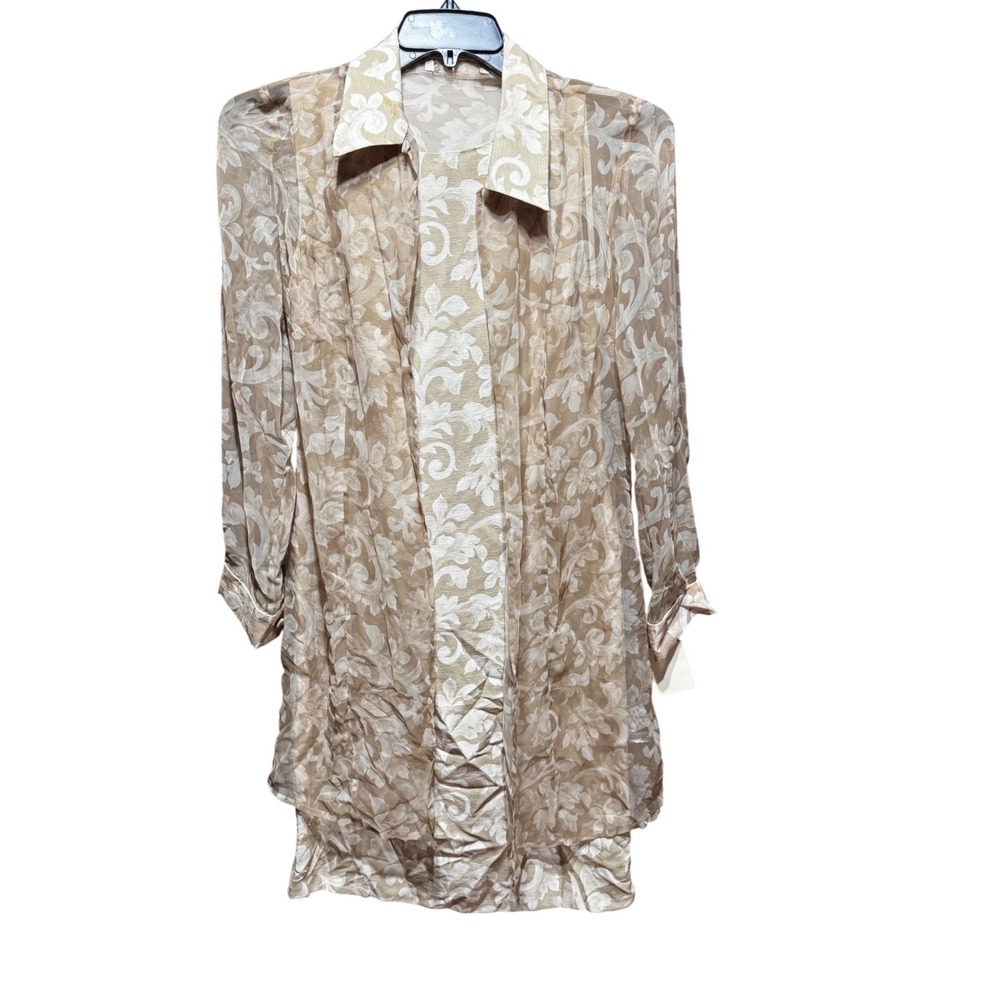 Jacques Vert Champagne Floral Damask‎ Dress and Sheer Duster Jacket Set UK 14